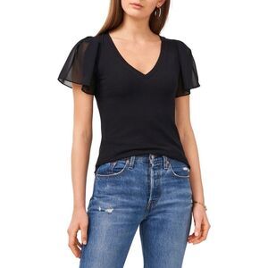1.STATE Women's Standard M Black Flutter Sleeve V-Neck Blouse Casual Top